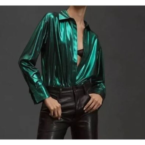 Anthropologie The Gillian Liquid Shine Button Down Shirt Women Size XL NWT - Picture 1 of 16